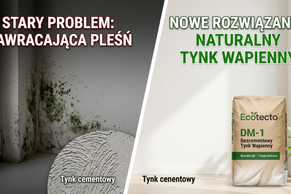 Porównanie ściany z czarną pleśnią i tynkiem cementowym oraz jasnego, czystego pokoju z ekologicznym tynkiem wapiennym Ecotecto DM-1 przeciw grzybom.